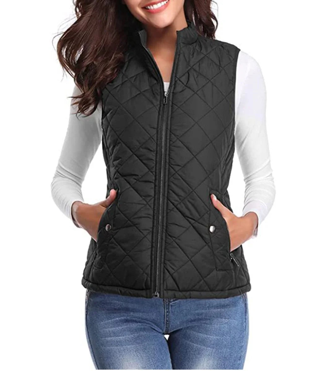 Black Women's Lightweight Quilted Gilet with Zip-Up Front & Snap Pockets