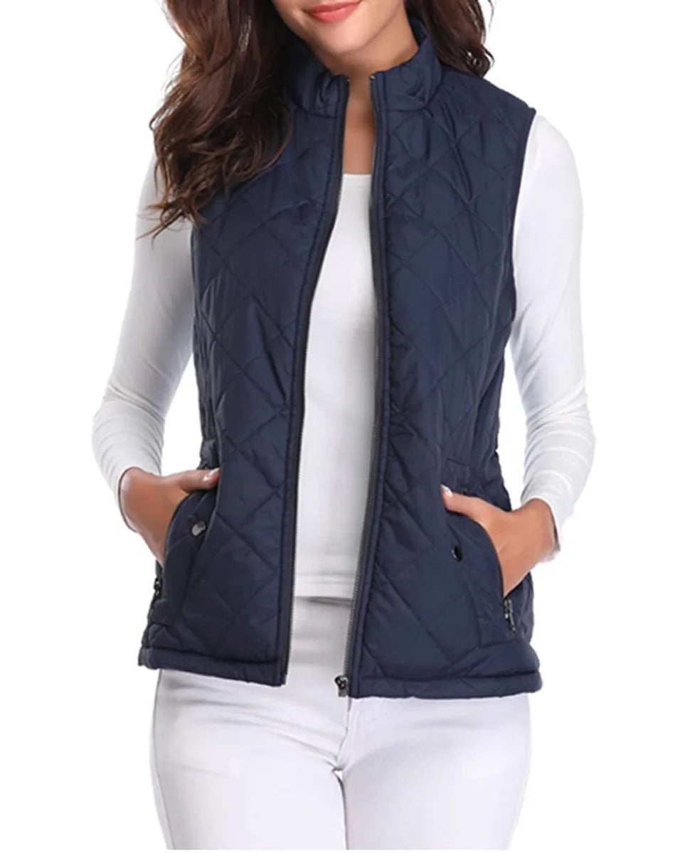 Blue Women's Lightweight Quilted Gilet with Zip-Up Front & Snap Pockets