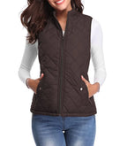 Brown Women's Lightweight Quilted Gilet with Zip-Up Front & Snap Pockets