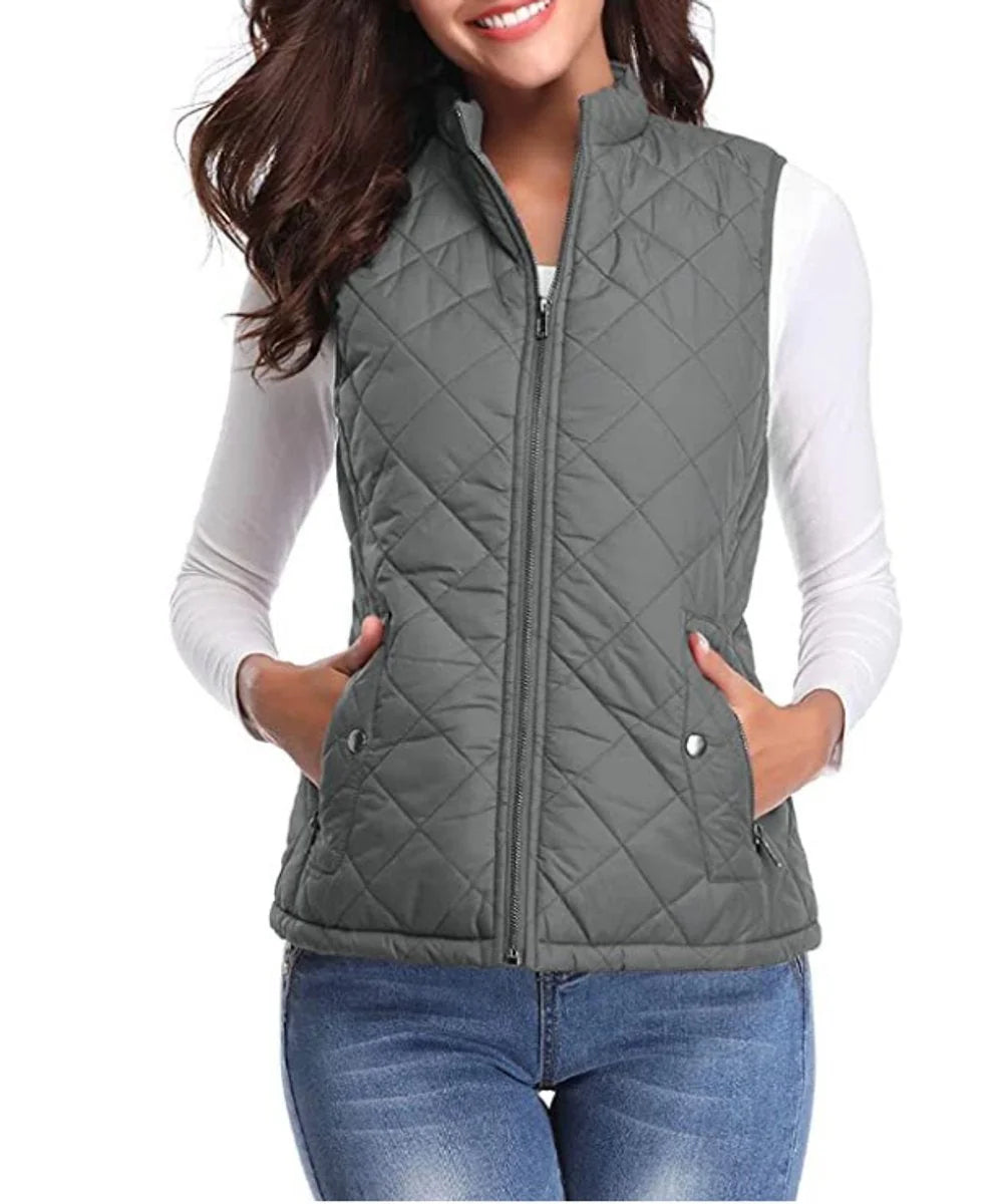 Grey Women's Lightweight Quilted Gilet with Zip-Up Front & Snap Pockets