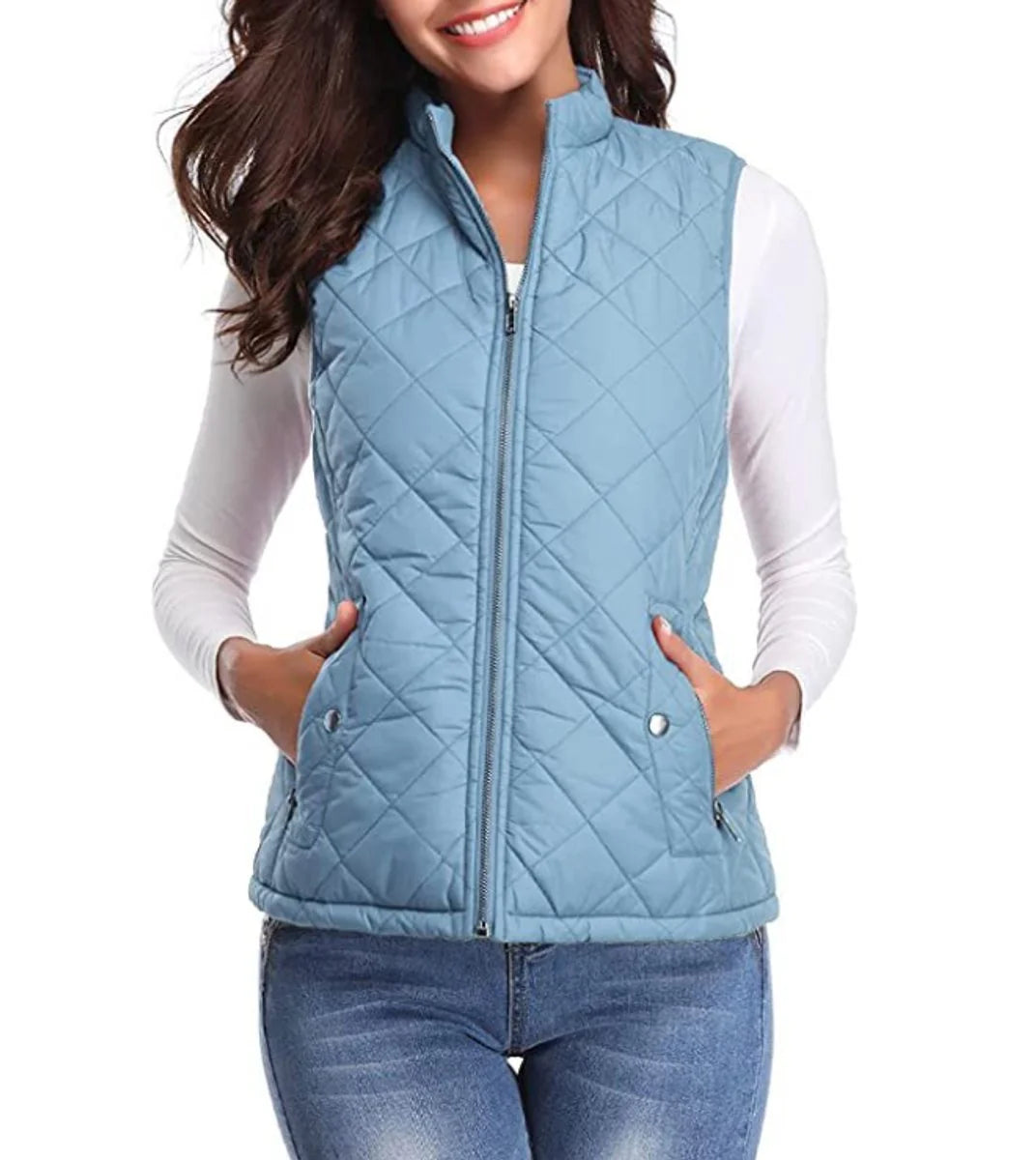 Light Blue Women's Lightweight Quilted Gilet with Zip-Up Front & Snap Pockets