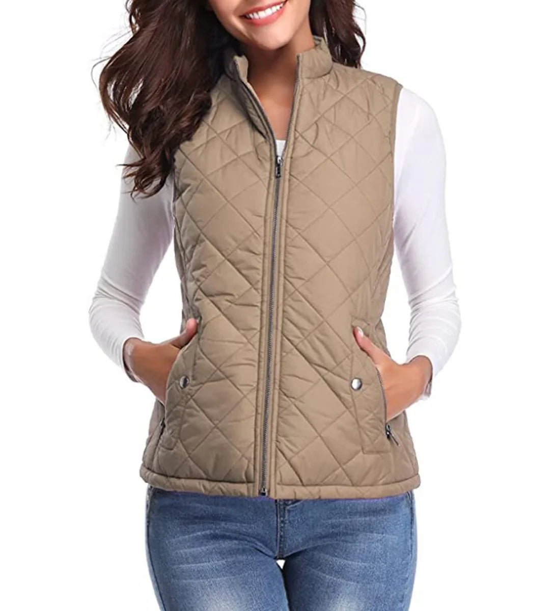 Light Coffee Women's Lightweight Quilted Gilet with Zip-Up Front & Snap Pockets