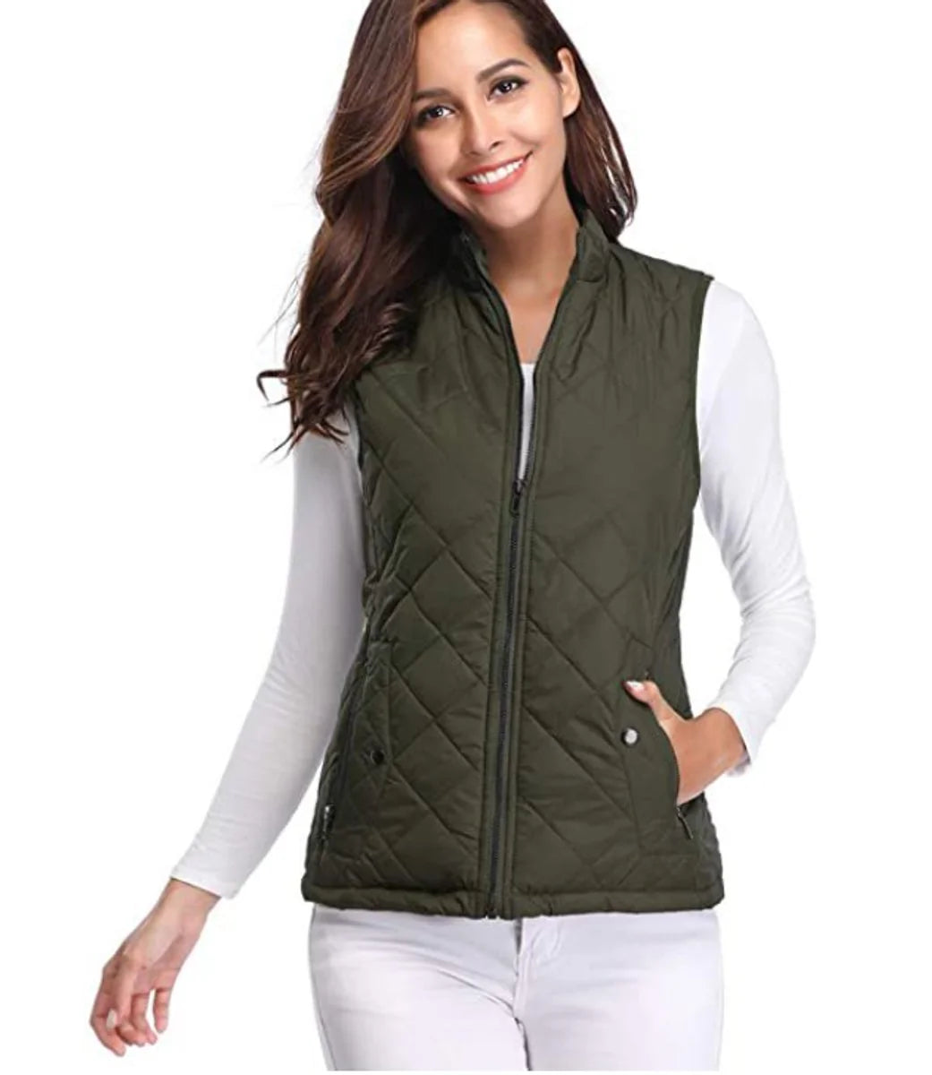 Olive Green Women's Lightweight Quilted Gilet with Zip-Up Front & Snap Pockets
