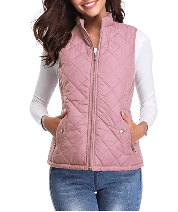 Pink Women's Lightweight Quilted Gilet with Zip-Up Front & Snap Pockets