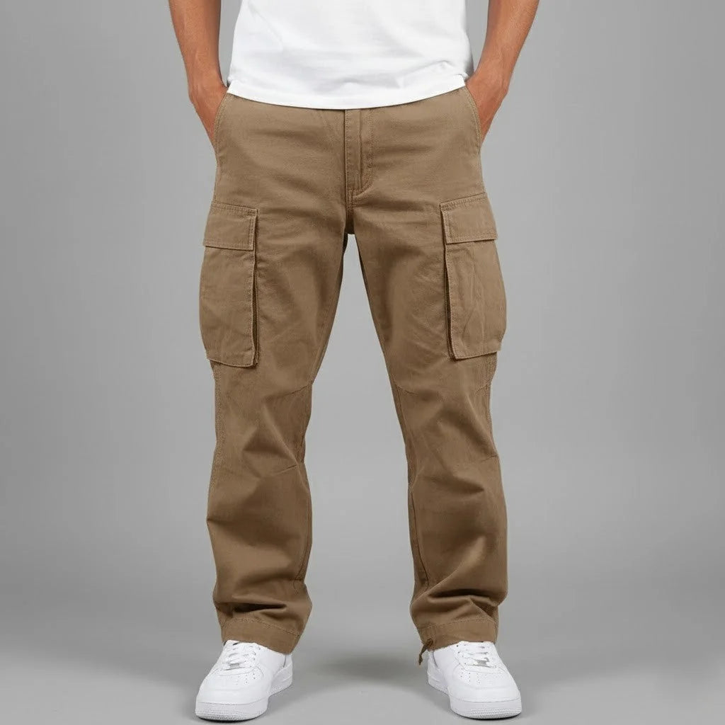 Brown Men's Cargo Trousers with Relaxed Fit & Side Pockets