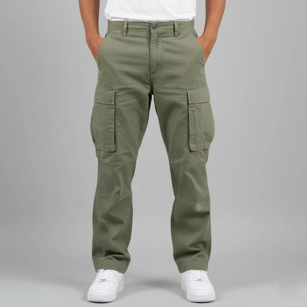 Dark Green Men's Cargo Trousers with Relaxed Fit & Side Pockets
