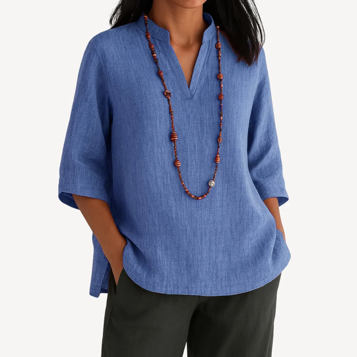 Blue Women's V-Neck Relaxed Fit Tunic Tops — Joy Everyday Mandarin Collar Linen - Front Full