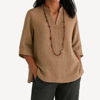 Brown Women's V-Neck Relaxed Fit Tunic Tops — Joy Everyday Mandarin Collar Linen - Close Up Neckline