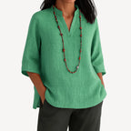 Green Women's V-Neck Relaxed Fit Tunic Tops — Joy Everyday Mandarin Collar Linen - Front Pose