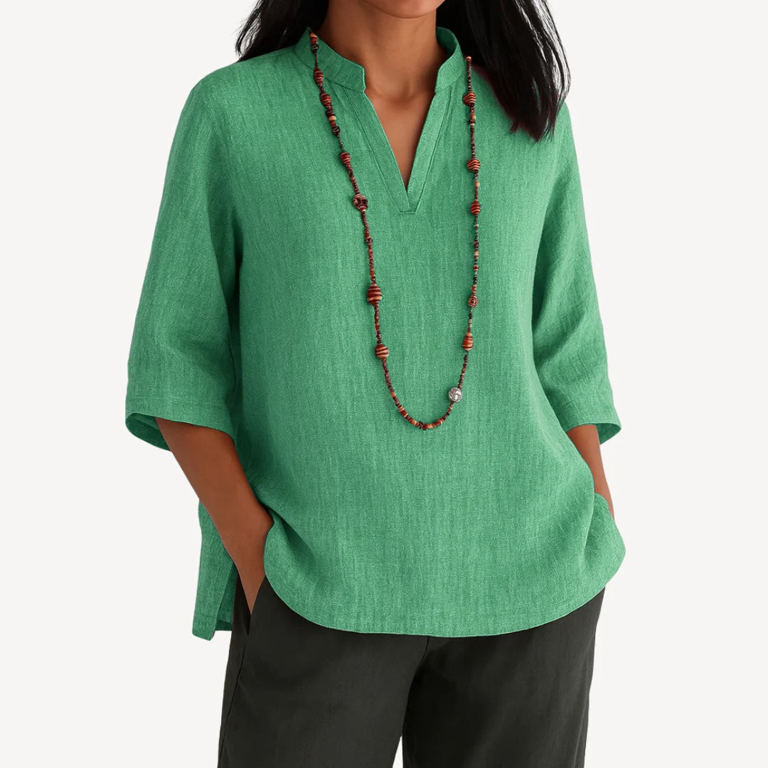 Green Women's V-Neck Relaxed Fit Tunic Tops — Joy Everyday Mandarin Collar Linen - Front Pose