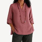 Red Women's V-Neck Relaxed Fit Tunic Tops — Joy Everyday Mandarin Collar Linen - Studio Front