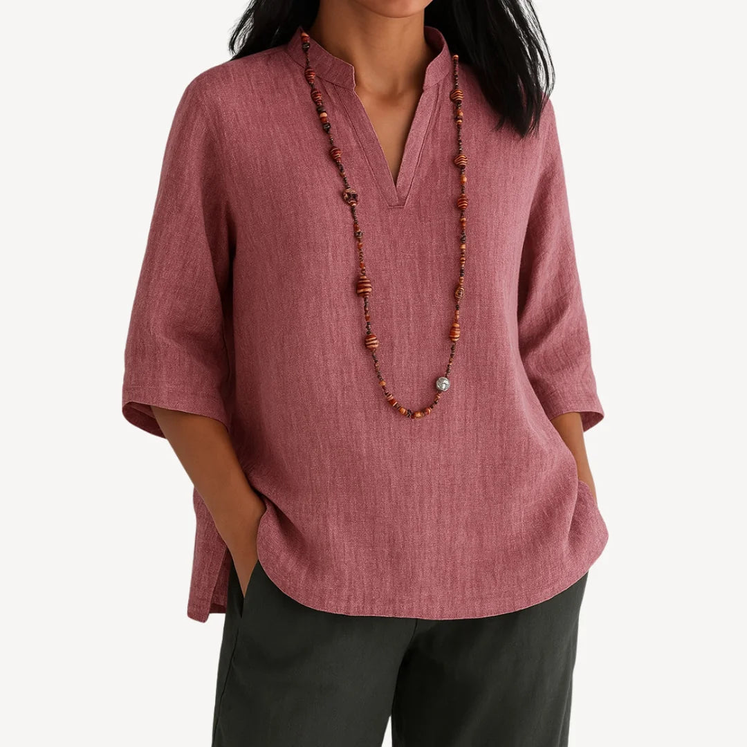 Red Women's V-Neck Relaxed Fit Tunic Tops — Joy Everyday Mandarin Collar Linen - Studio Front