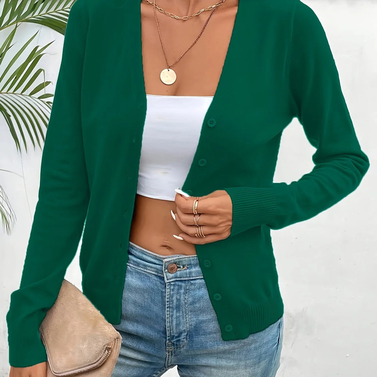 Deep Green Women's Ribbed Cardigan with V-Neck & Button-Front Design