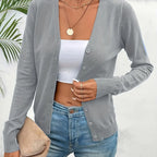 Grey Women's Ribbed Cardigan with V-Neck & Button-Front Design
