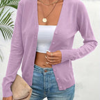 Light Purple Women's Ribbed Cardigan with V-Neck & Button-Front Design