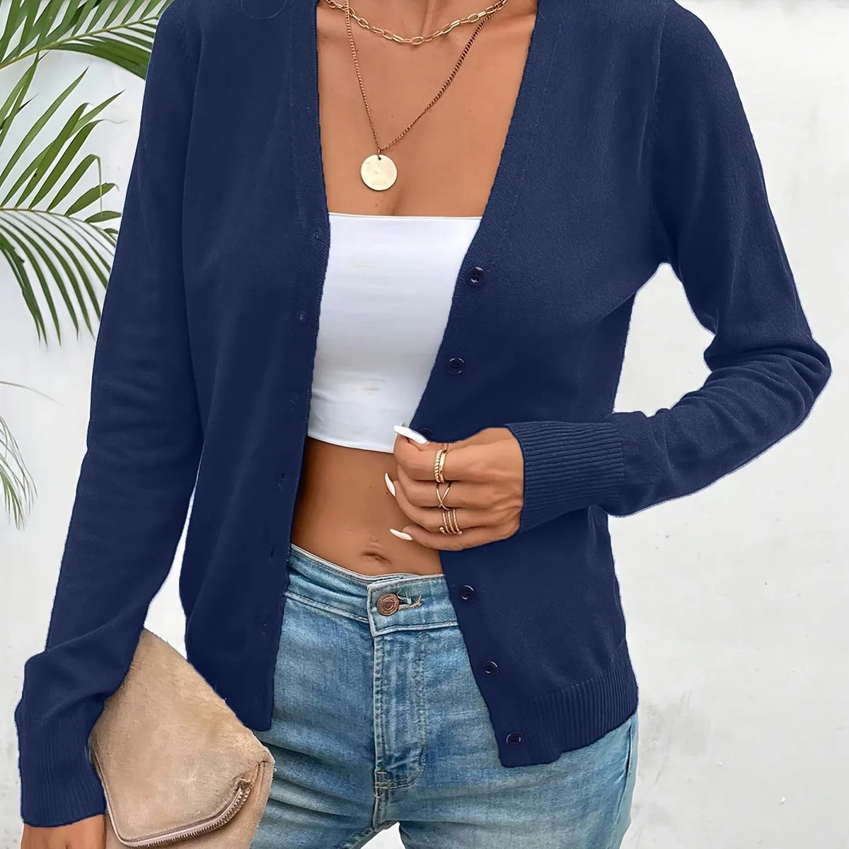Navy Women's Ribbed Cardigan with V-Neck & Button-Front Design