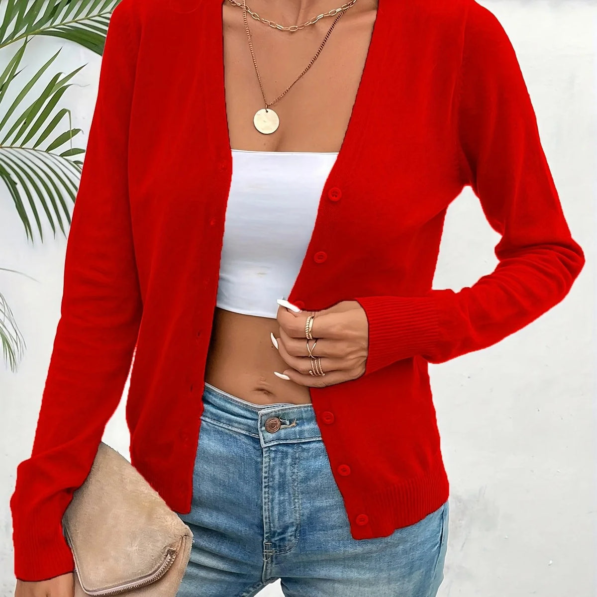 Red Women's Ribbed Cardigan with V-Neck & Button-Front Design