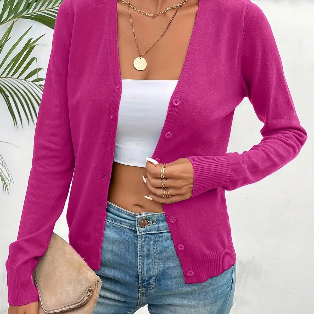 Rose Red Women's Ribbed Cardigan with V-Neck & Button-Front Design