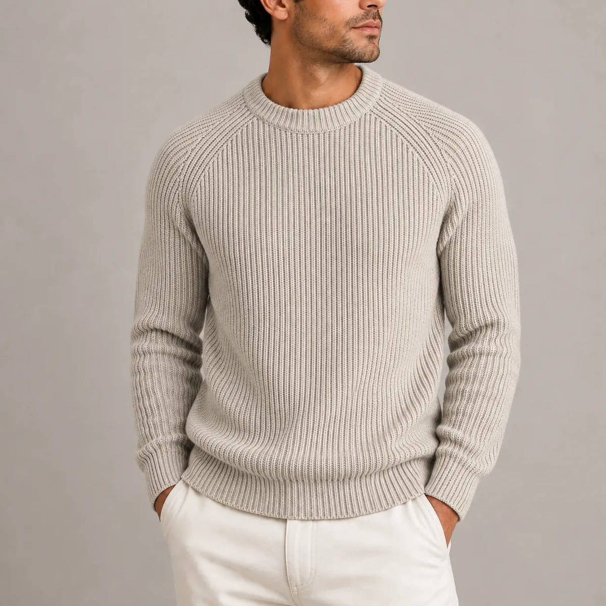 Apricot Men's Ribbed Crew Neck Sweater with Raglan Shoulders & Ribbed Cuffs - Close Up Texture