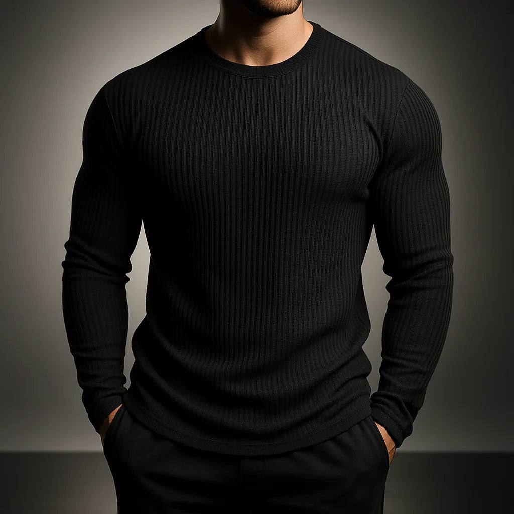 Black Men's Ribbed Sweater with Crew Neck & Fitted Cuffs