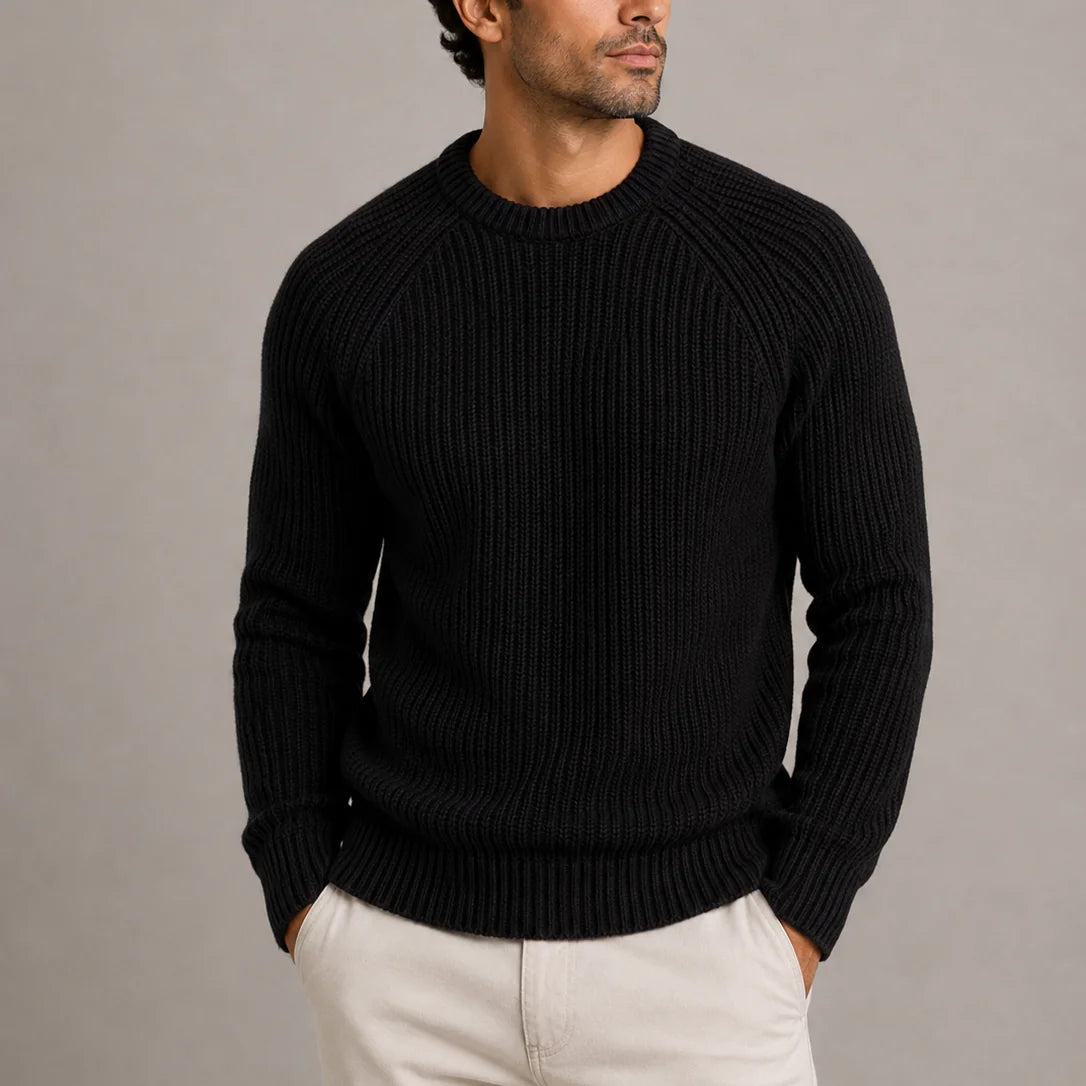 Black Men's Ribbed Crew Neck Sweater with Raglan Shoulders & Ribbed Cuffs