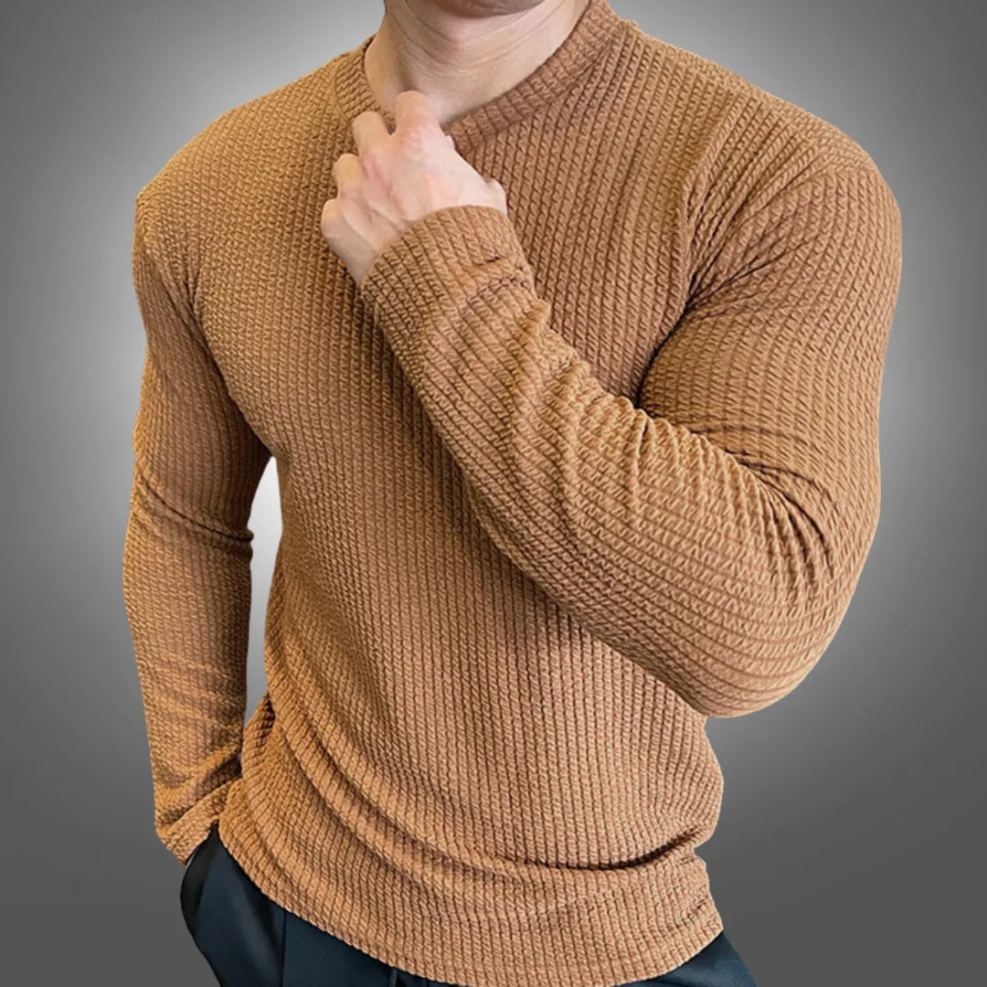 Brown Men's Ribbed Sweater with Crew Neck & Fitted Cuffs