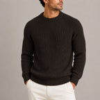Brown Men's Ribbed Crew Neck Sweater with Raglan Shoulders & Ribbed Cuffs