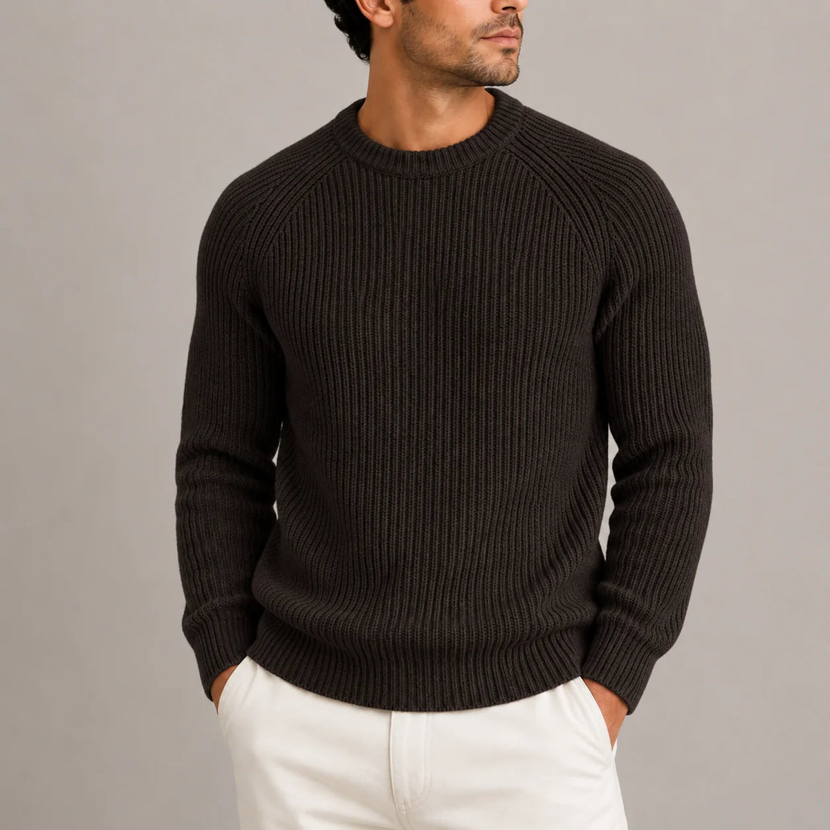 Brown Men's Ribbed Crew Neck Sweater with Raglan Shoulders & Ribbed Cuffs