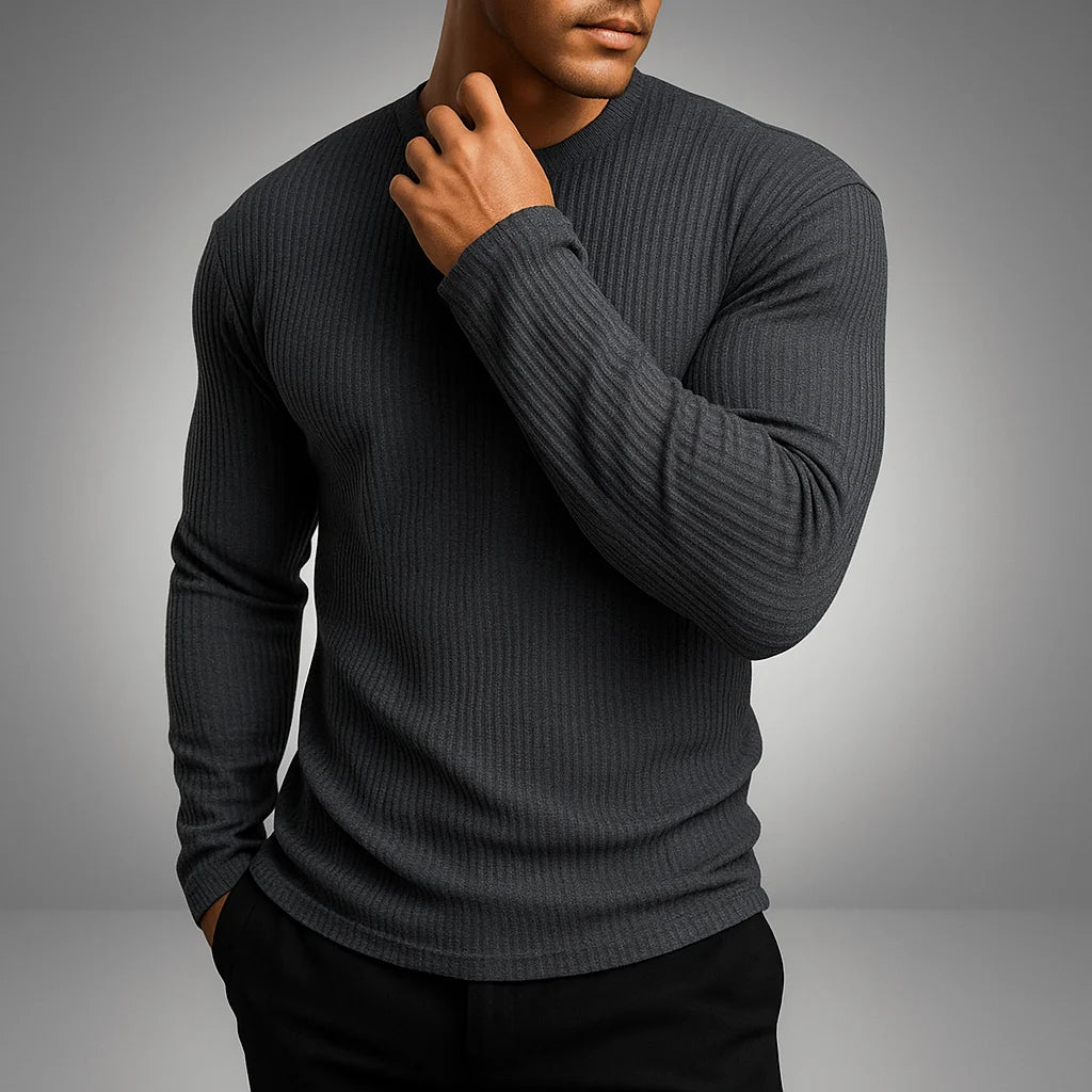 Grey Men's Ribbed Sweater with Crew Neck & Fitted Cuffs