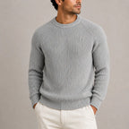Grey Men's Ribbed Crew Neck Sweater with Raglan Shoulders & Ribbed Cuffs
