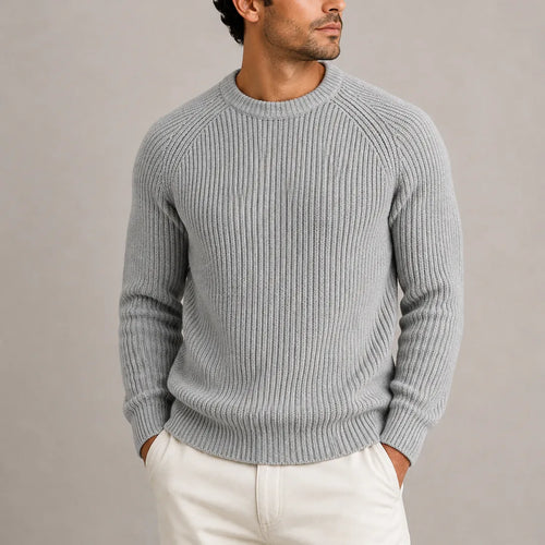 Grey Men's Ribbed Crew Neck Sweater with Raglan Shoulders & Ribbed Cuffs