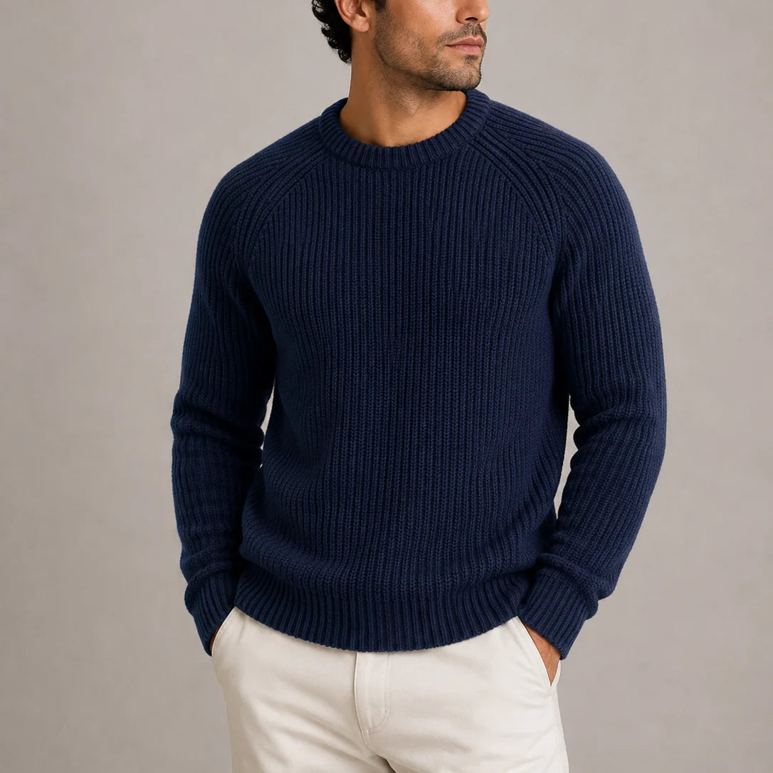 Navy Men's Ribbed Crew Neck Sweater with Raglan Shoulders & Ribbed Cuffs
