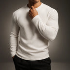 White Men's Ribbed Sweater with Crew Neck & Fitted Cuffs - Front Collar Touch
