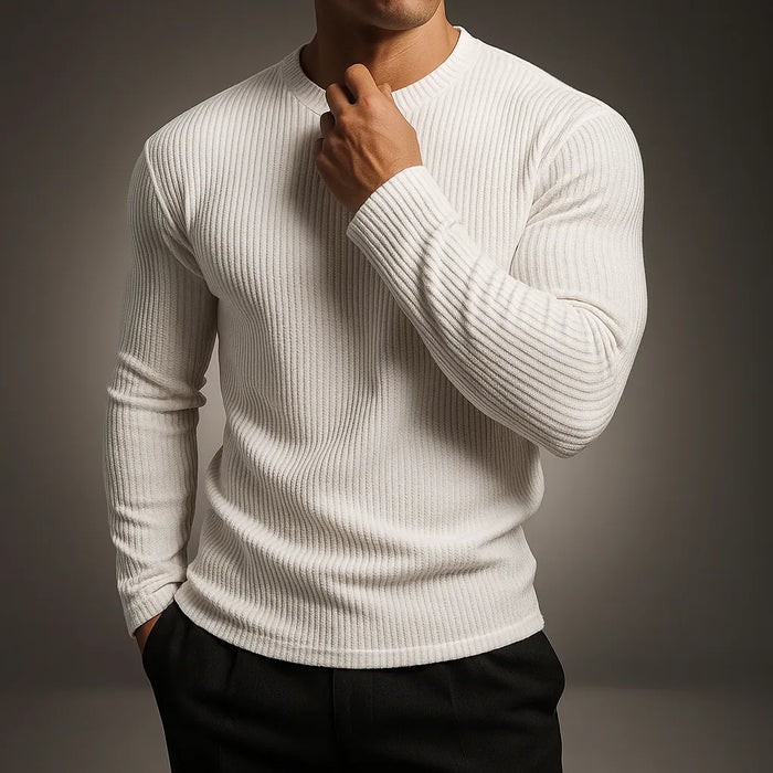 White Men's Ribbed Sweater with Crew Neck & Fitted Cuffs - Front Collar Touch