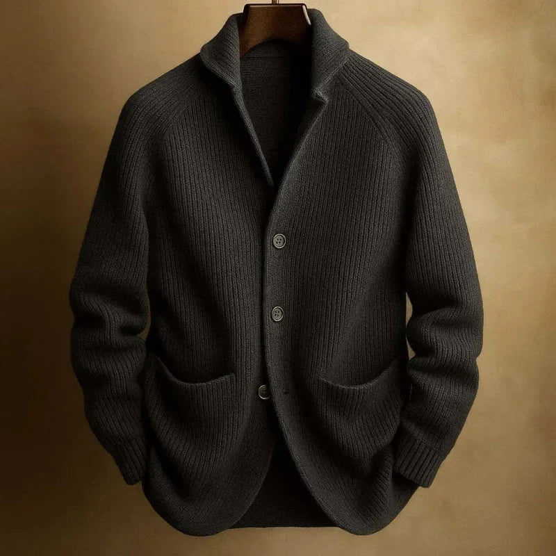Black Men's Ribbed Knit Blazer Cardigan with Notched Collar & Patch Pockets - Front Studio
