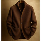 Brown Men's Ribbed Knit Blazer Cardigan with Notched Collar & Patch Pockets