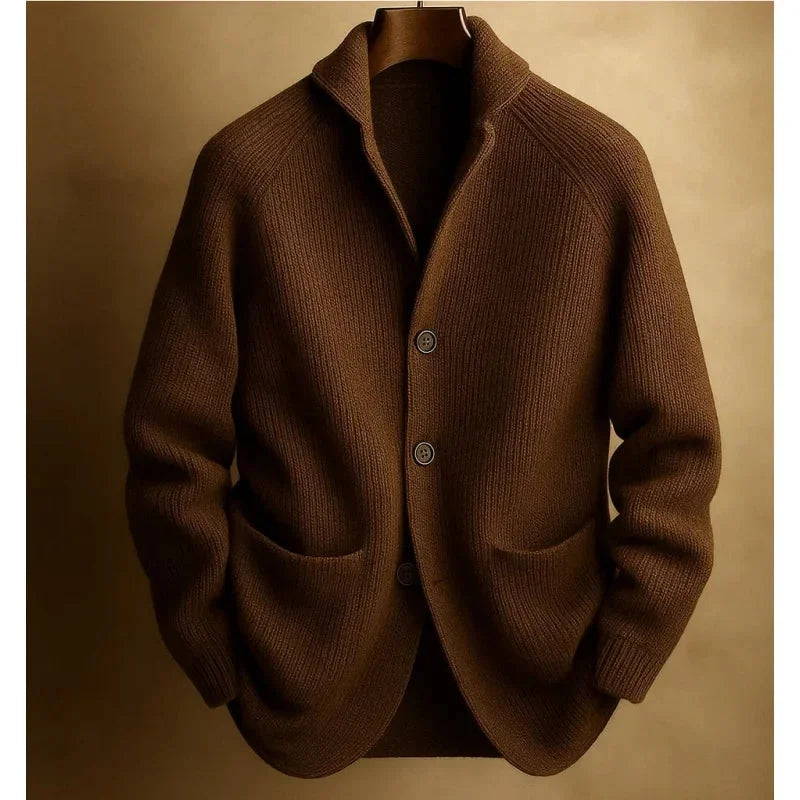 Brown Men's Ribbed Knit Blazer Cardigan with Notched Collar & Patch Pockets