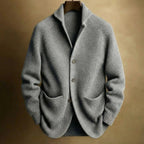 Gray Men's Ribbed Knit Blazer Cardigan with Notched Collar & Patch Pockets