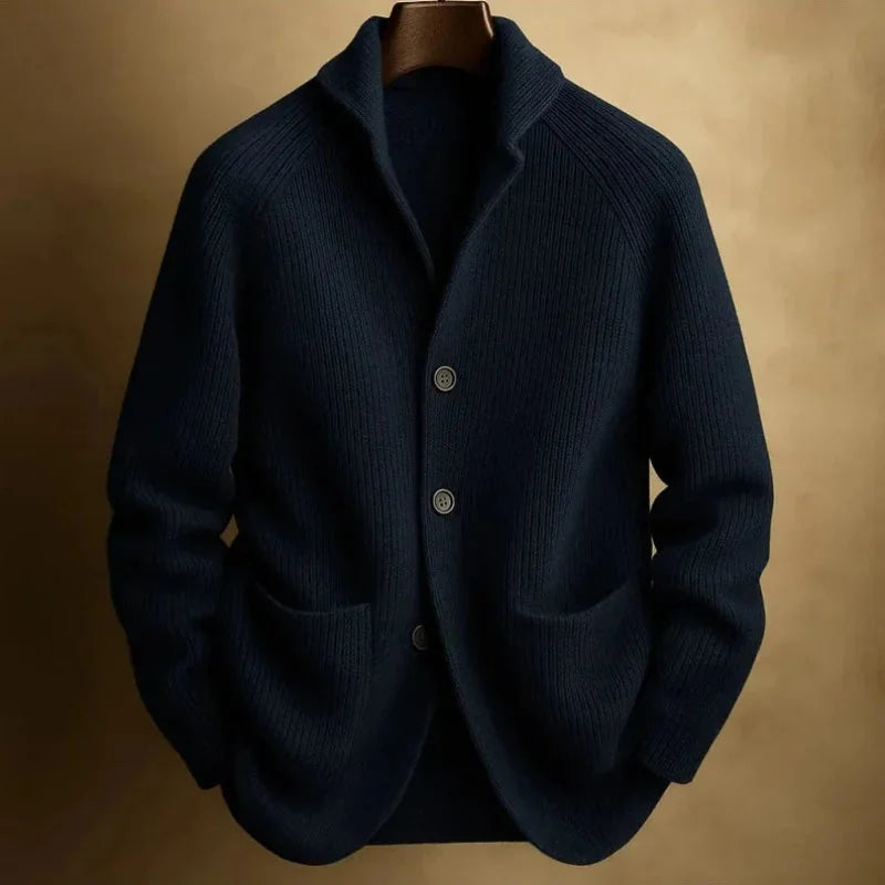 Navy Blue Men's Ribbed Knit Blazer Cardigan with Notched Collar & Patch Pockets