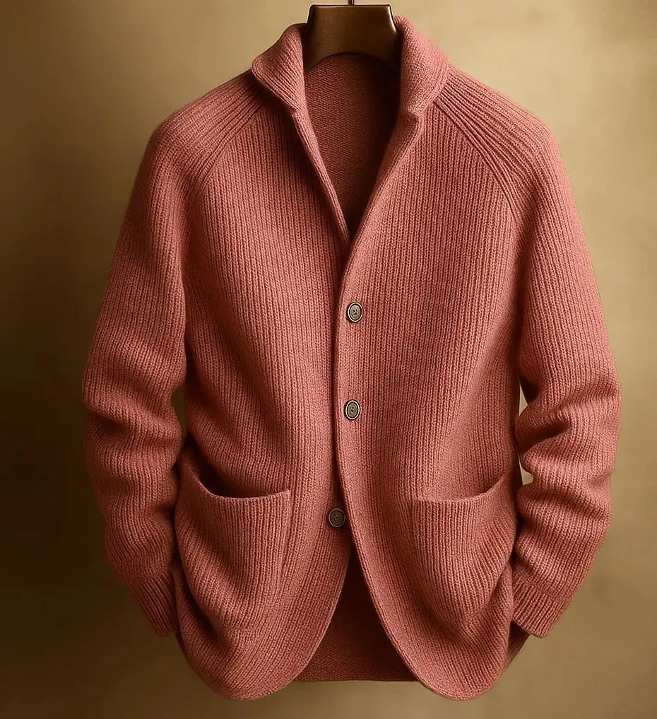 Red Men's Ribbed Knit Blazer Cardigan with Notched Collar & Patch Pockets