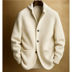 White Men's Ribbed Knit Blazer Cardigan with Notched Collar & Patch Pockets