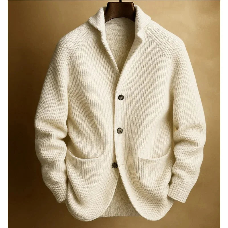 White Men's Ribbed Knit Blazer Cardigan with Notched Collar & Patch Pockets