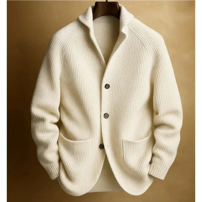 White Men's Ribbed Knit Blazer Cardigan with Notched Collar & Patch Pockets