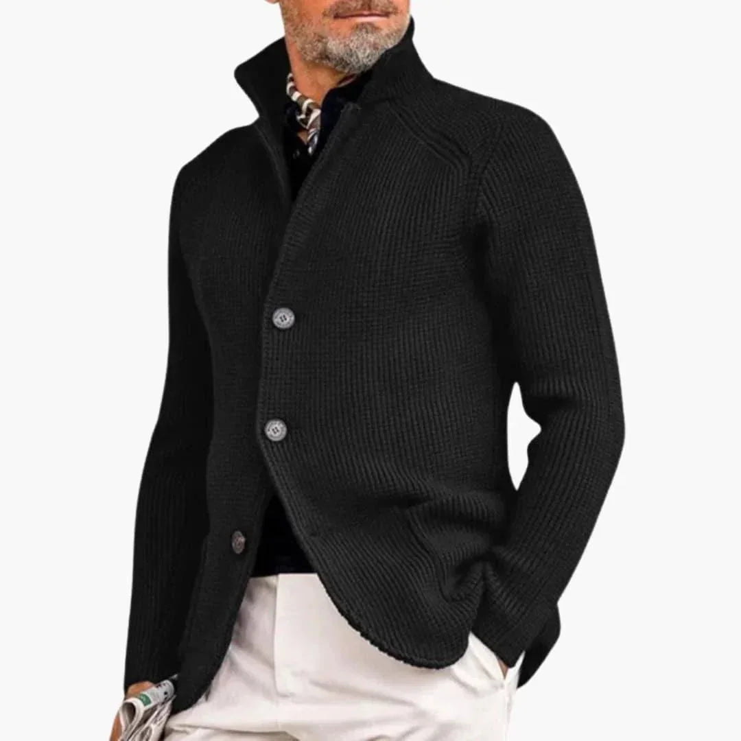 Black Men's Ribbed Knit Cardigan — Declan Relaxed-Fit Button-Front Stand Collar - Side Pose