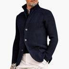 Light Blue Men's Ribbed Knit Cardigan — Declan Relaxed-Fit Button-Front Stand Collar - Front Full