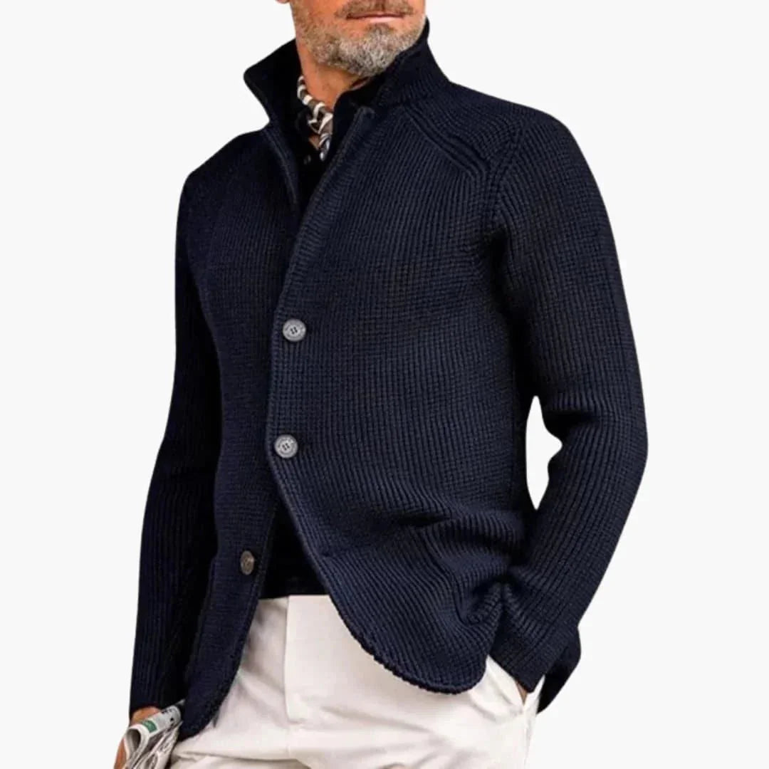 Light Blue Men's Ribbed Knit Cardigan — Declan Relaxed-Fit Button-Front Stand Collar - Front Full