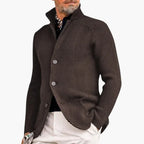 Brown Men's Ribbed Knit Cardigan — Declan Relaxed-Fit Button-Front Stand Collar - Collar Detail