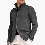 Gray Men's Ribbed Knit Cardigan — Declan Relaxed-Fit Button-Front Stand Collar - Front Close