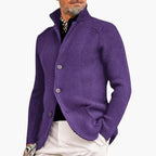 Purple Men's Ribbed Knit Cardigan — Declan Relaxed-Fit Button-Front Stand Collar - Hands Pocket Pose