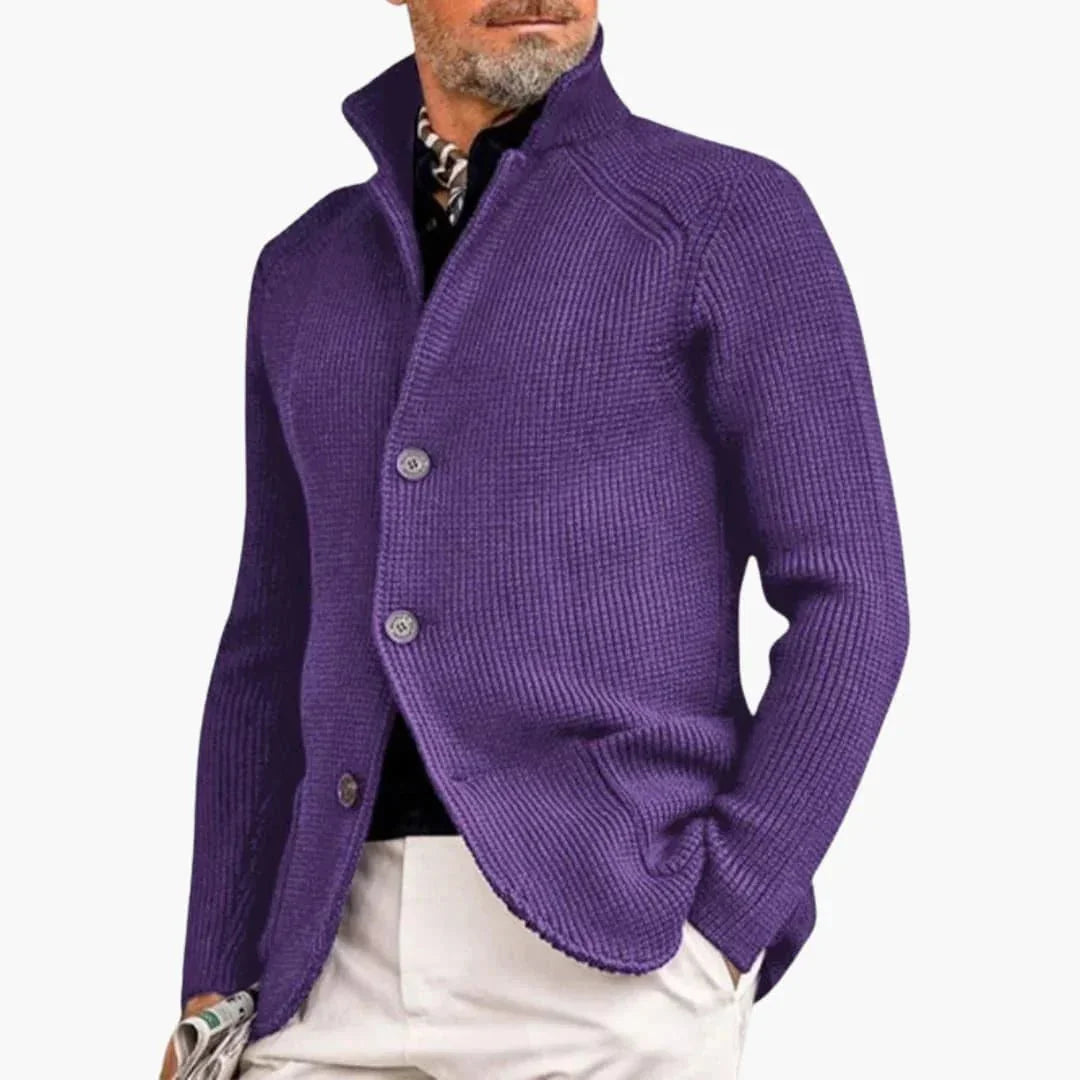 Purple Men's Ribbed Knit Cardigan — Declan Relaxed-Fit Button-Front Stand Collar - Hands Pocket Pose